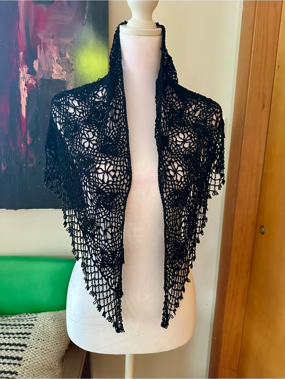 Black Crochet Lace Open-Front with Beaded Trim Women’s Shawl